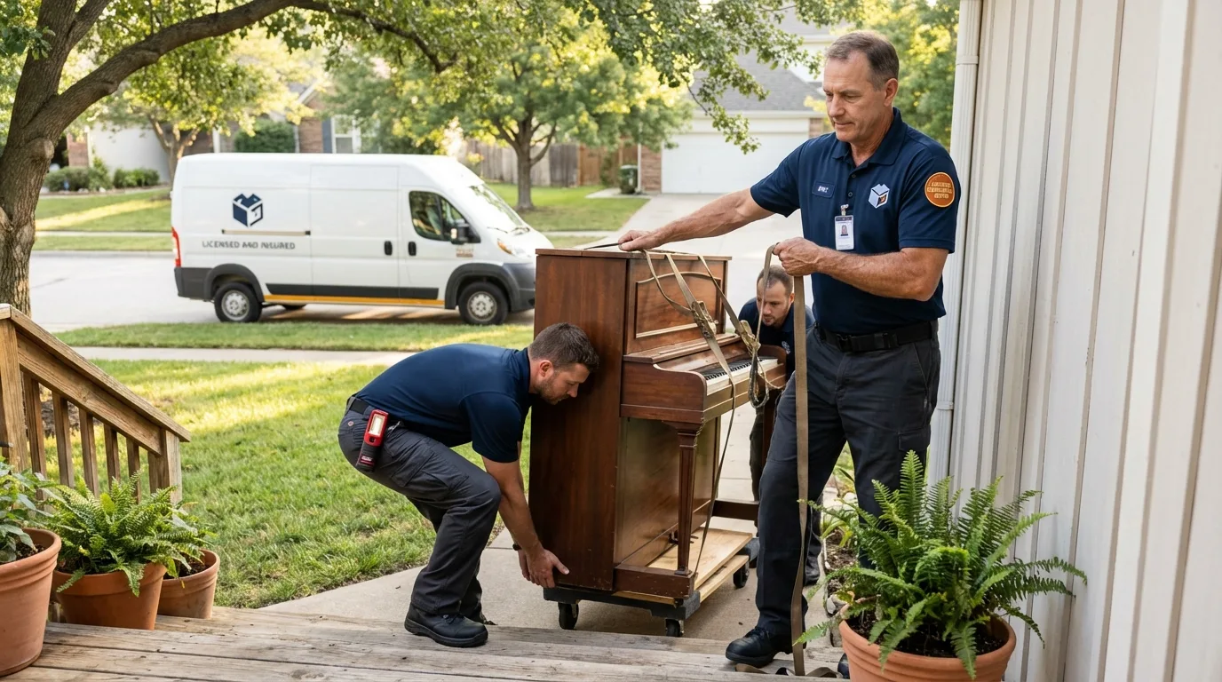 Licensed piano movers securing grand piano in Minetto, NY