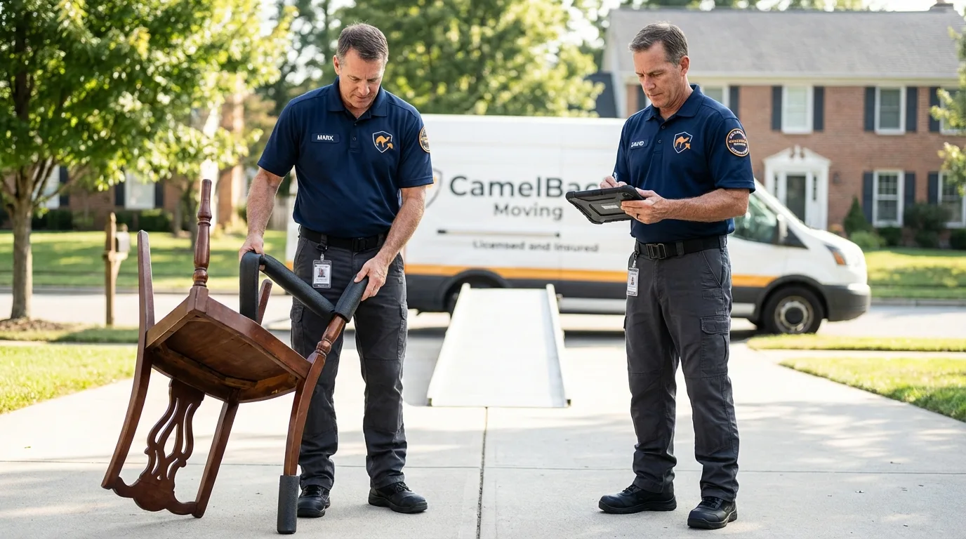 Movers inspecting furniture for damage prevention before loading in Minetto, NY