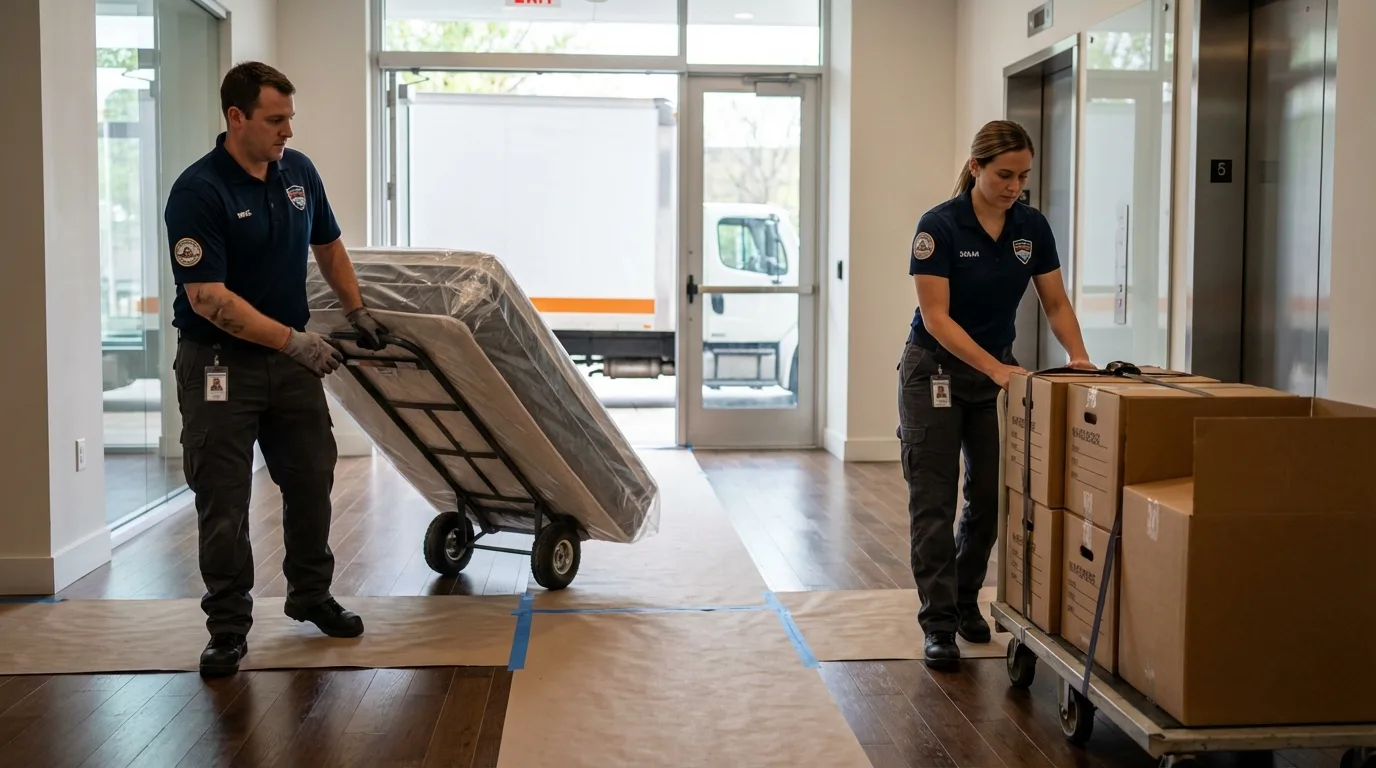 Professional apartment movers loading elevator in Minetto, NY