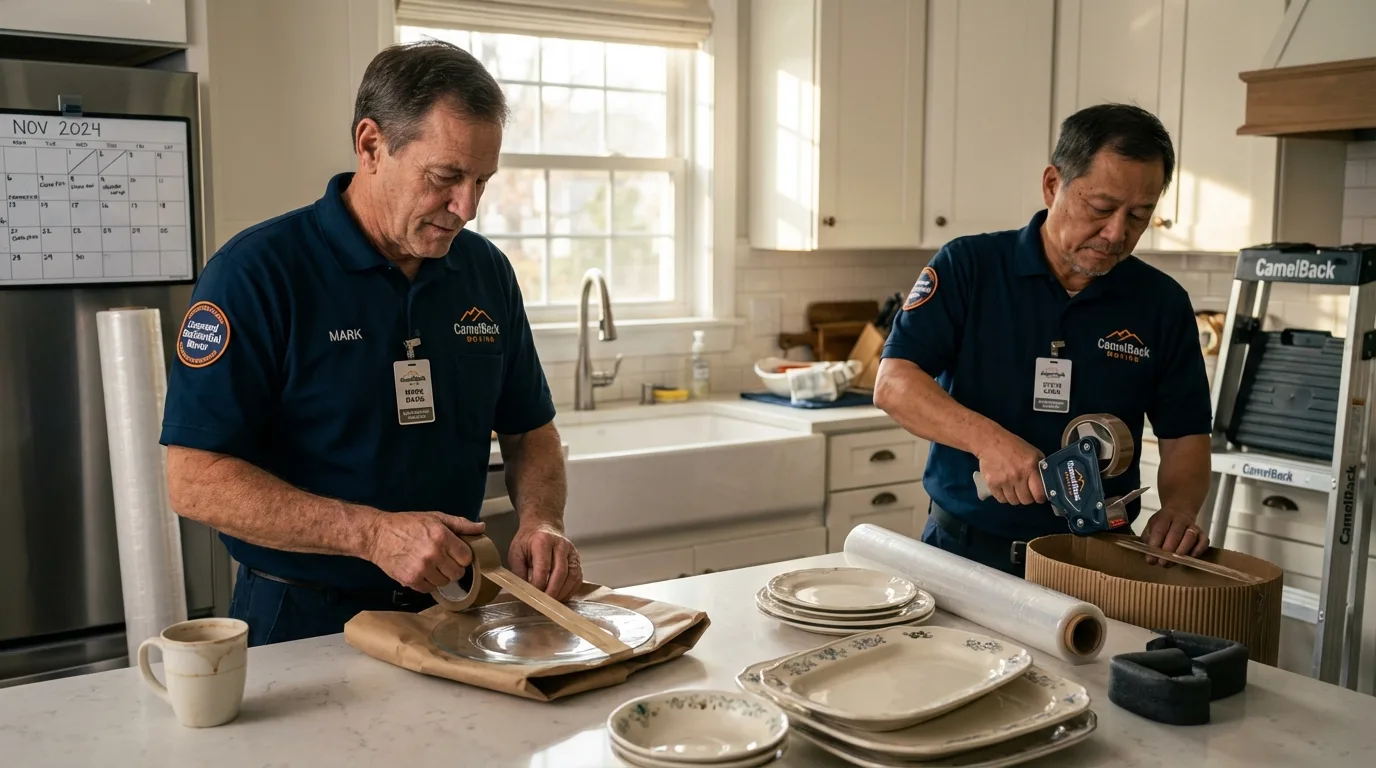 Professional crew packing kitchen dishware in Minetto, NY
